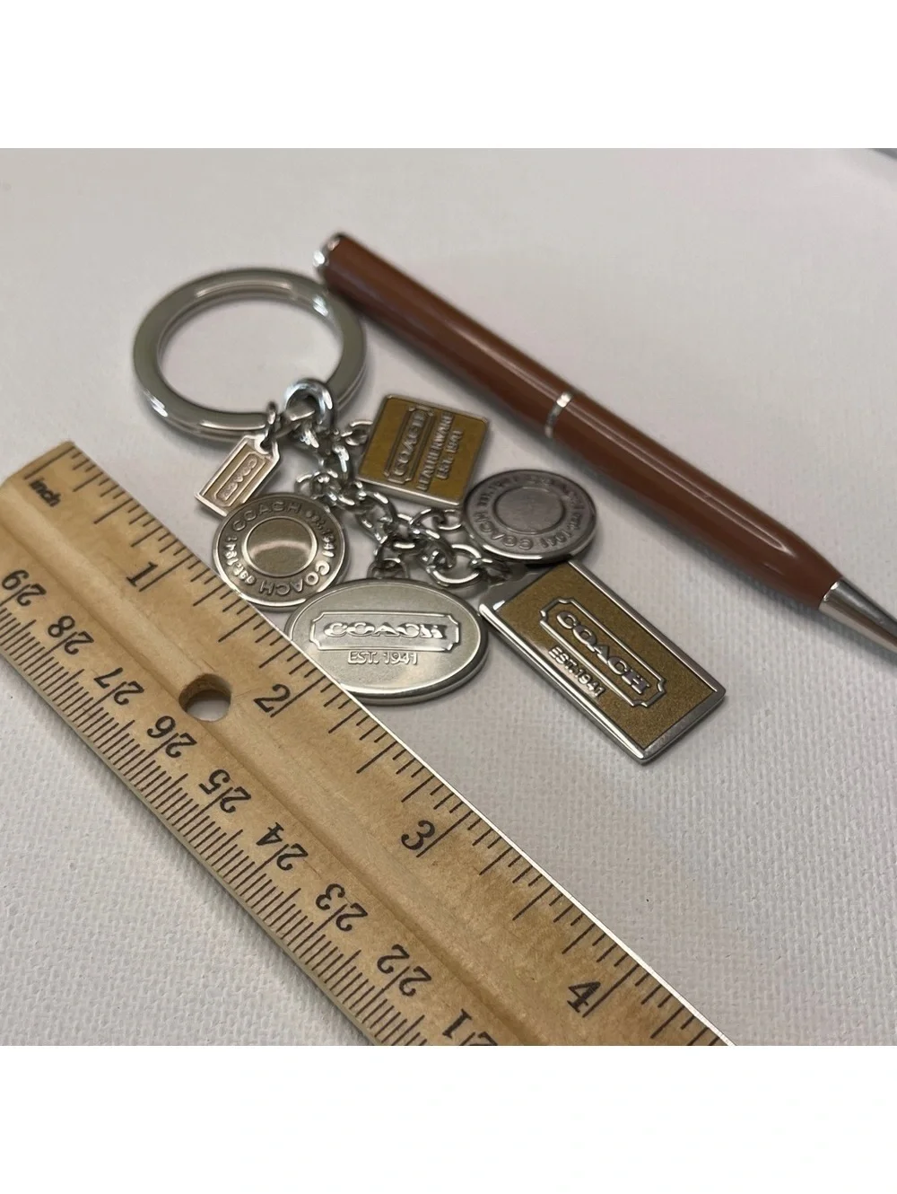 Coach Silver and Brown Logo Charms Keychain & Matching Pen NIP